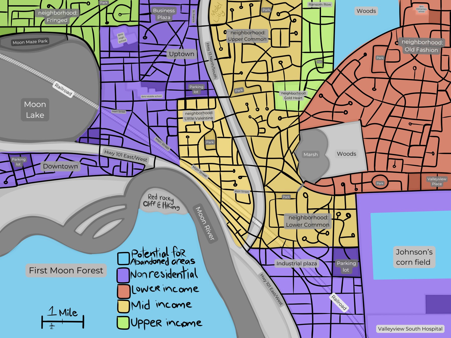 Map of Bleeding Hearts Valley showing the neighborhoods, Moon Lake, First Moon Forest, and Main Street